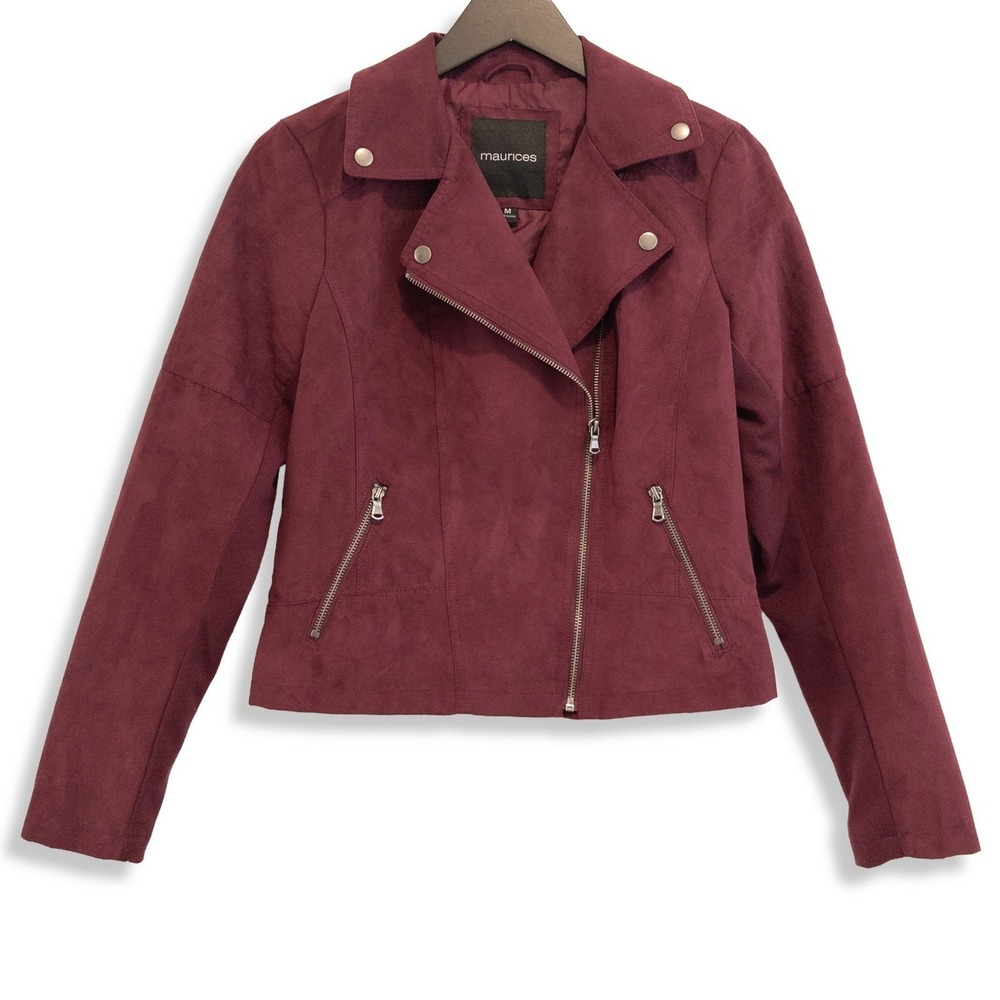 Maurices Cropped Moto Jacket Womens Medium Biker Zip Burgundy Faux Suede
